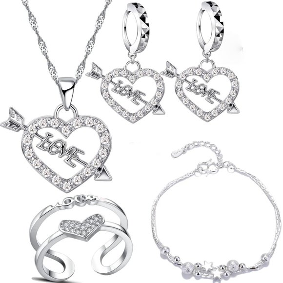 Jewelry - 🌟 925 Sterling Silver Heart Earrings Necklace Bracelet And Ring Adjustable Set